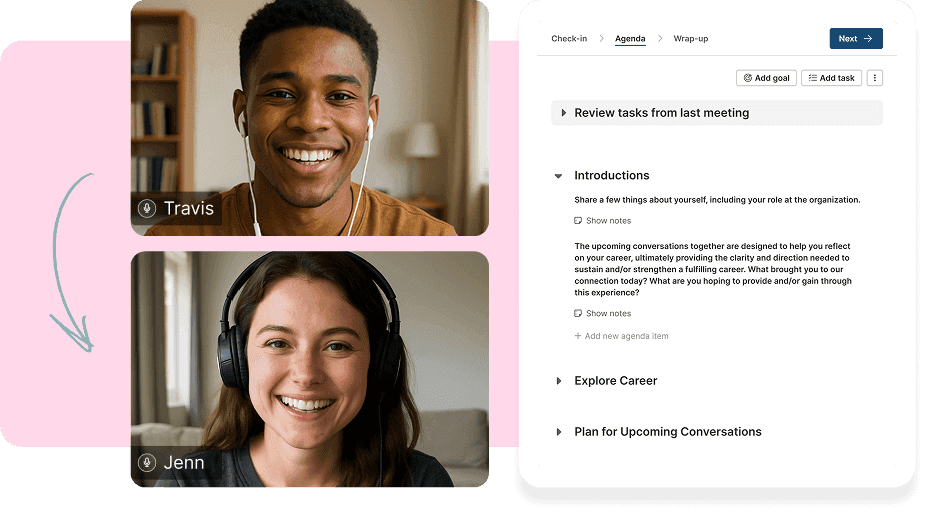 A mentor and mentee on a video call beside their meeting agenda: check-in, introductions, career and the plan for their next conversations